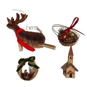 Lot of 4 Vtg Wooden Brown Christmas Ornaments Reindeer Church Basket Wreath Bow